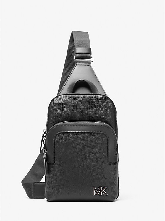 MICHAEL KORS MENS EDISON SCRATCH-RESISTANT CROSSGRAIN LEATHER SLING PACK