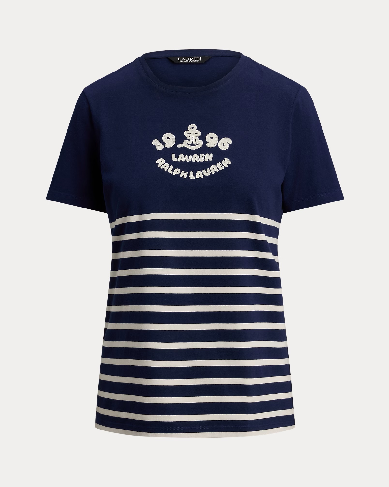LAUREN RALPH LAUREN STRIPED EMBROIDERED LOGO JERSEY T-SHIRT
