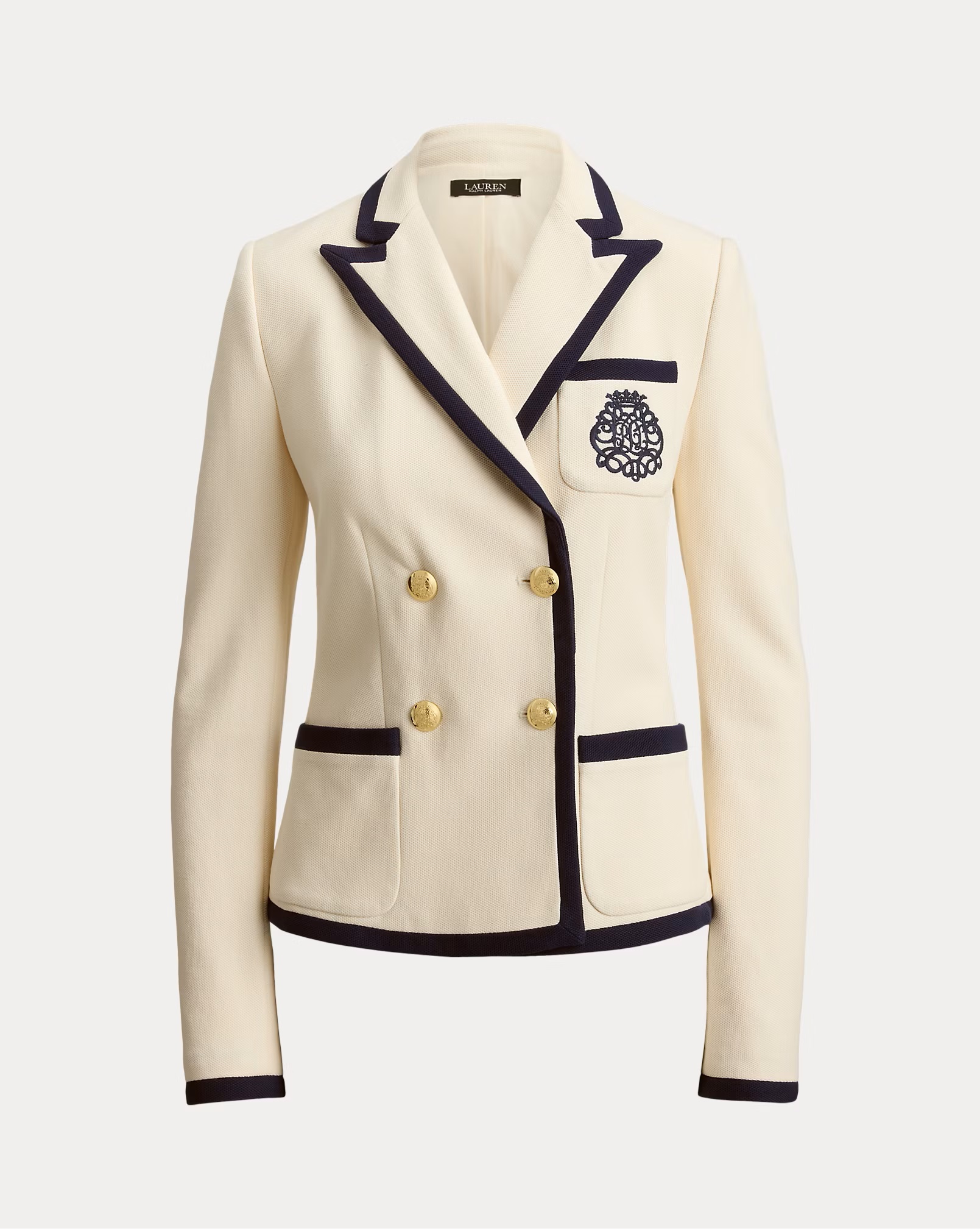 LAUREN RALPH LAUREN TWO TONE DOUBLE BREASTED PIQUE BLAZER 
