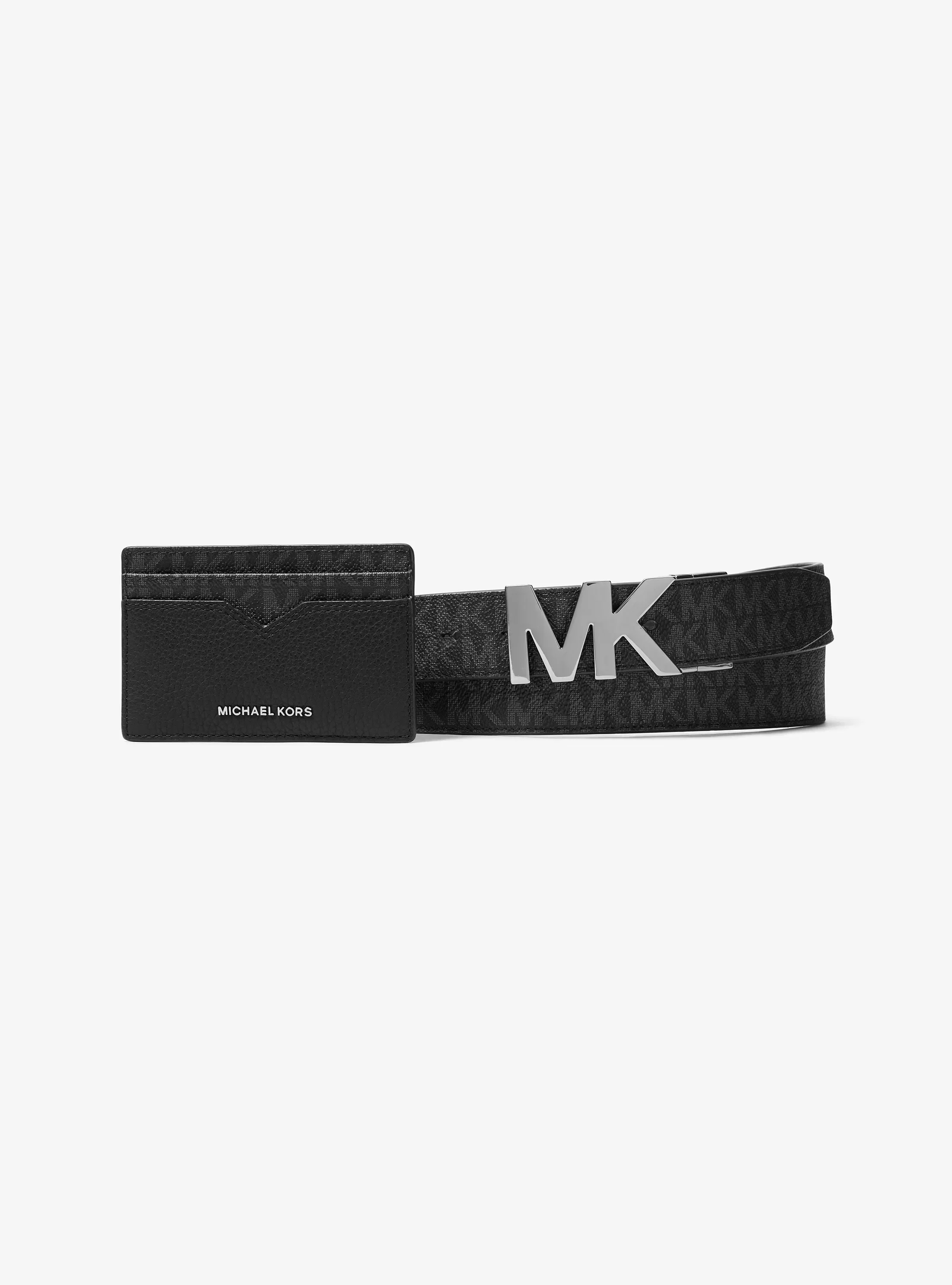 MICHAEL KORS MENS LEATHER AND SIGNATURE LOGO CARD CASE AND BELT GIFT SET