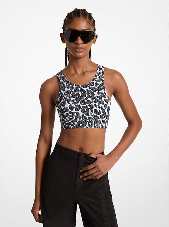 MICHAEL KORS STRETCH RECYCLED NYLON LEOPARD LOGO SPORTS BRA