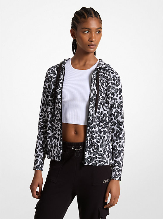 MICHAEL KORS LEOPARD LOGO STRETCH RECYCLED NYLON ZIP-UP HOODIE