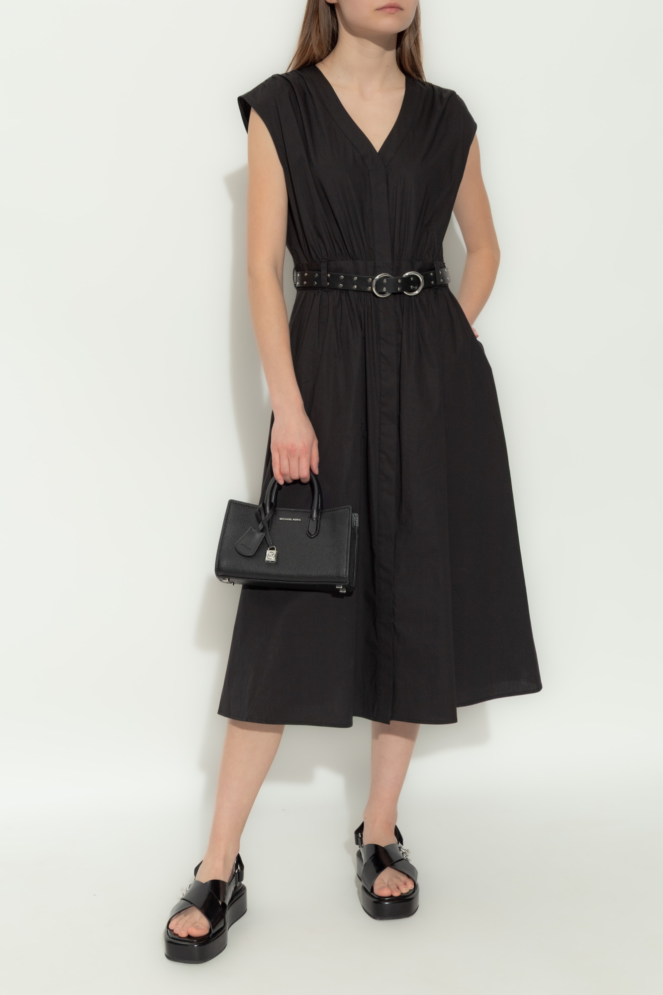 MICHAEL KORS STRETCH COTTON POPLIN BELTED MIDI ΦΟΡΕΜΑ